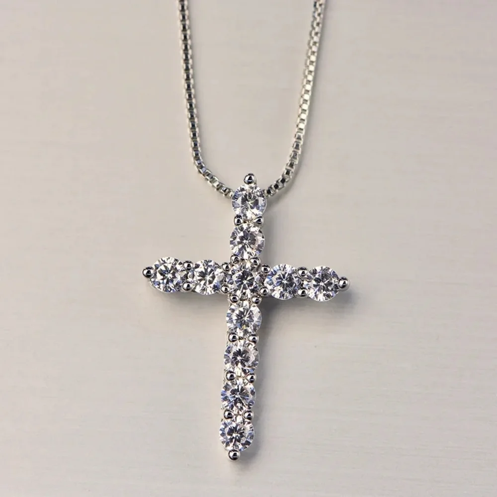 Sterling silver diamond cross necklace - Picture 2 of 6